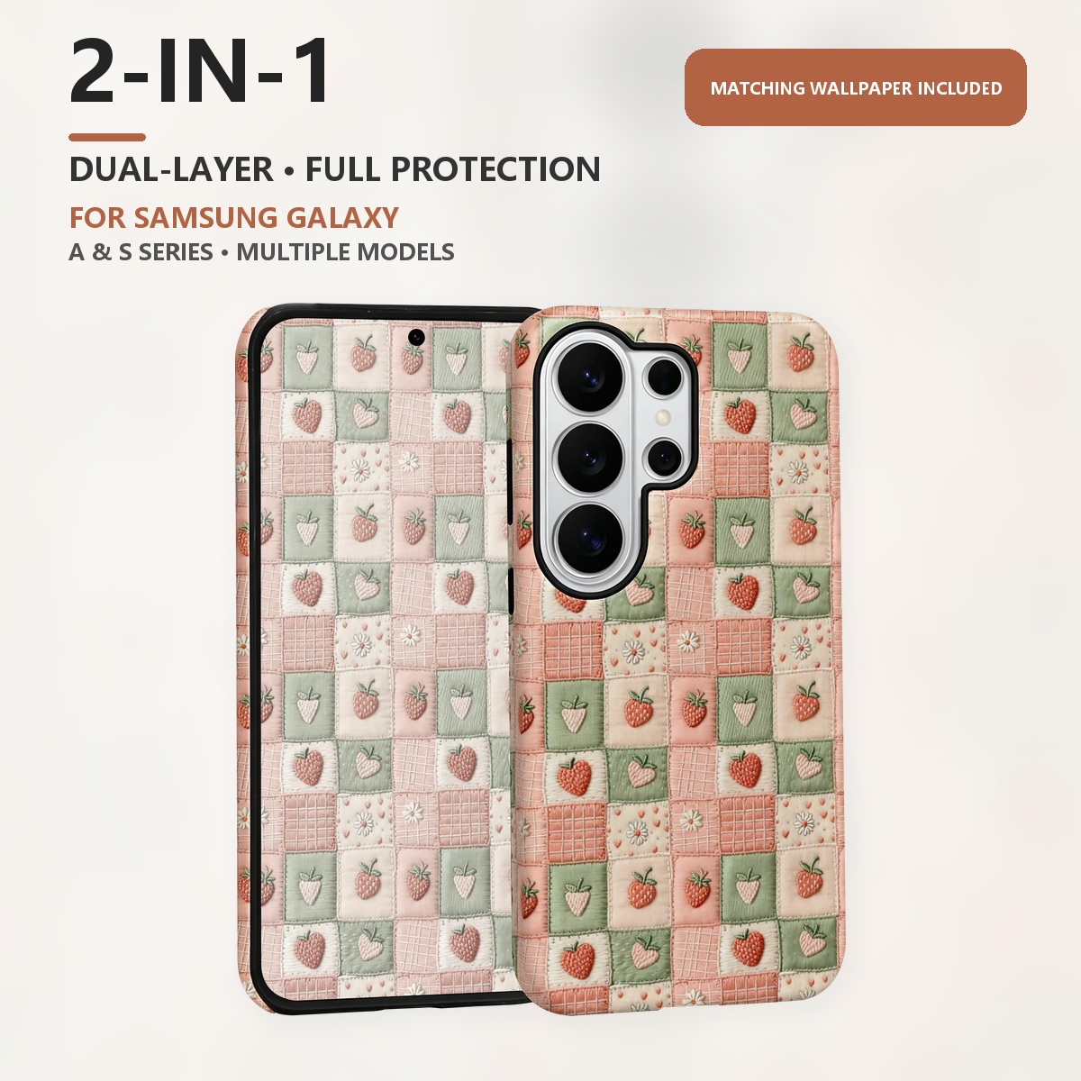 刺繍入りいちご柄のパッチワークデザイン、2層構造の2-in- - Samsung Galaxy S24 のレビューと価格